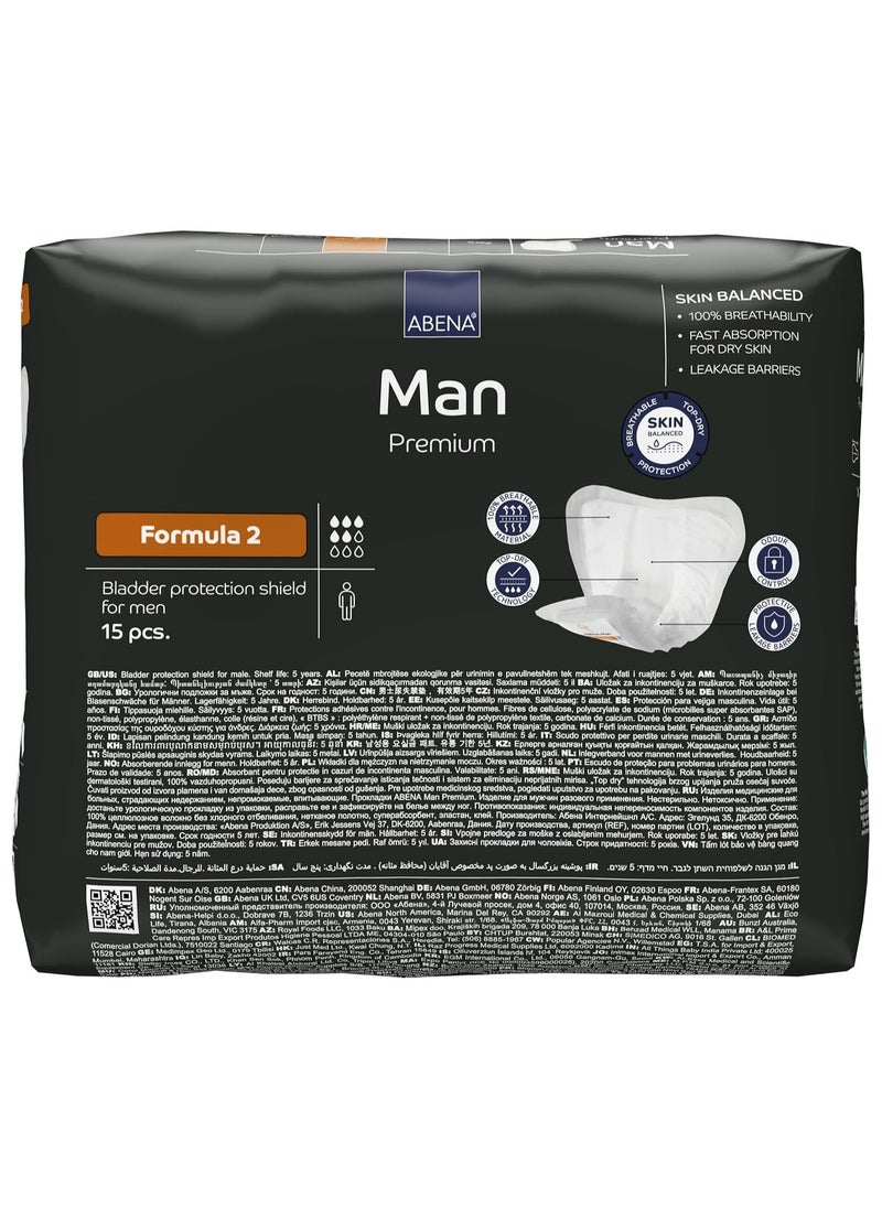 Abena - Abena Man Formula 2 Incontinence Pads for Men, Eco-Labelled Mens Incontinence Pads, Extra Protection, Breathable & Comfortable with Fast Absorption, Discreet - 700ml Absorbency, 15PK - Image 1