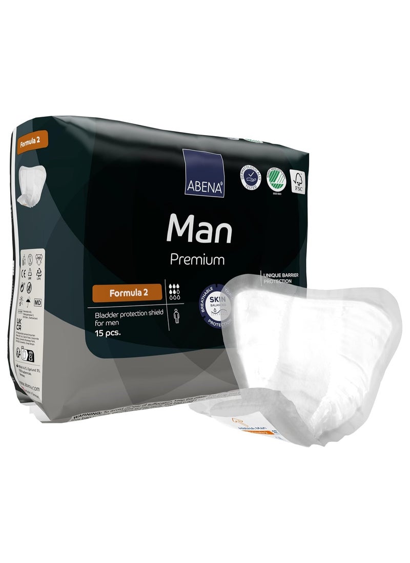 Abena - Abena Man Formula 2 Incontinence Pads for Men, Eco-Labelled Mens Incontinence Pads, Extra Protection, Breathable & Comfortable with Fast Absorption, Discreet - 700ml Absorbency, 15PK - Image 1