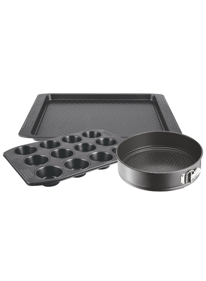تيفال TEFAL مجموعة أدوات خبز | طقم سهل الإمساك من 3 قطع: قالب مافن 12 قطعة 26.5x39.5 سم/ صينية خبز 29.5x41 سم/ قالب سبرينغ فورم 25 سم | فولاذ كربوني | طلاء غير لاصق | سهولة التنظيف | رمادي داكن | ضمان لمدة سنتين | J162S385 - Image 1