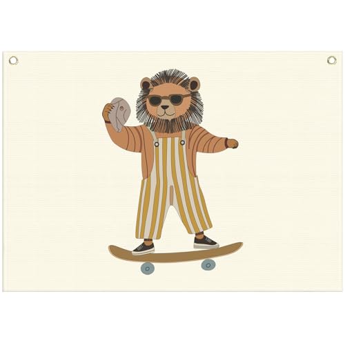 Sioial Lion Skateboarding Nursery Rectangular Canvas BannerFlag Wall Sign Decor for Toddler Boys KidsBaby Room Playroom Reading Room Bedroom Dorm DecorBaby Shower Birthday Christmas Gift - Image 1