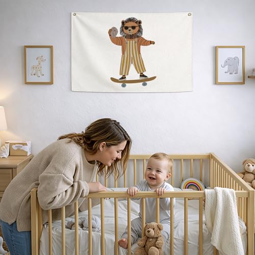 Sioial Lion Skateboarding Nursery Rectangular Canvas BannerFlag Wall Sign Decor for Toddler Boys KidsBaby Room Playroom Reading Room Bedroom Dorm DecorBaby Shower Birthday Christmas Gift - Image 3