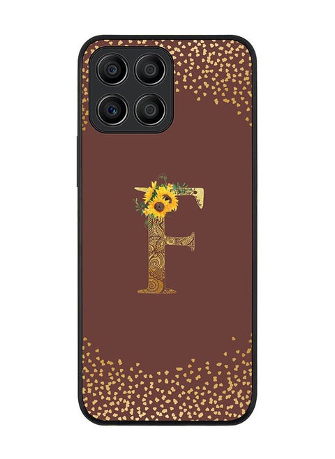 Rugged Black edge case for Honor X8 5G Slim fit Soft Case Flexible Rubber Edges Anti Drop TPU Gel Thin Cover - Custom Monogram Initial Letter Floral Pattern Alphabet - F (Brown )