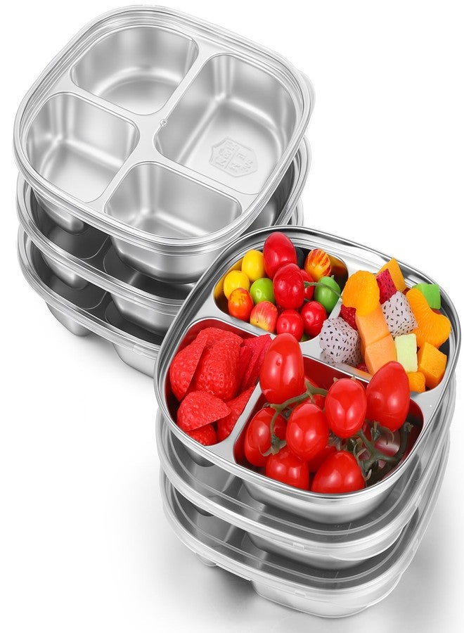 SHENLIU 6 Pack Stainless Steel Snack Containers with Lids, Reusable 4 Compartments Bento Boxes Snack Lunch Box Portion Control Plate for Divided Food Storage Container for Home Travel Camping - Image 1