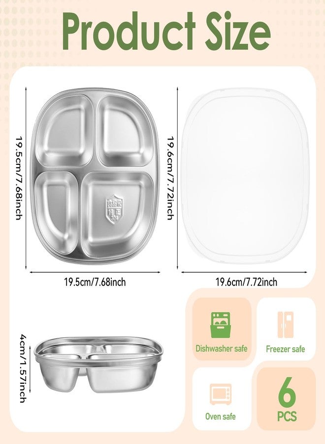 SHENLIU 6 Pack Stainless Steel Snack Containers with Lids, Reusable 4 Compartments Bento Boxes Snack Lunch Box Portion Control Plate for Divided Food Storage Container for Home Travel Camping - Image 2