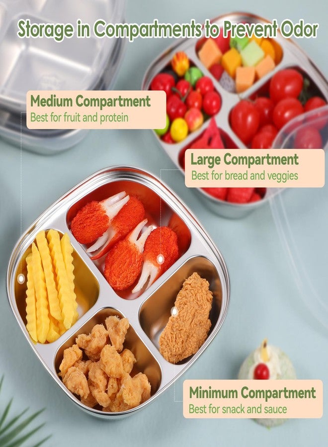 SHENLIU 6 Pack Stainless Steel Snack Containers with Lids, Reusable 4 Compartments Bento Boxes Snack Lunch Box Portion Control Plate for Divided Food Storage Container for Home Travel Camping - Image 3