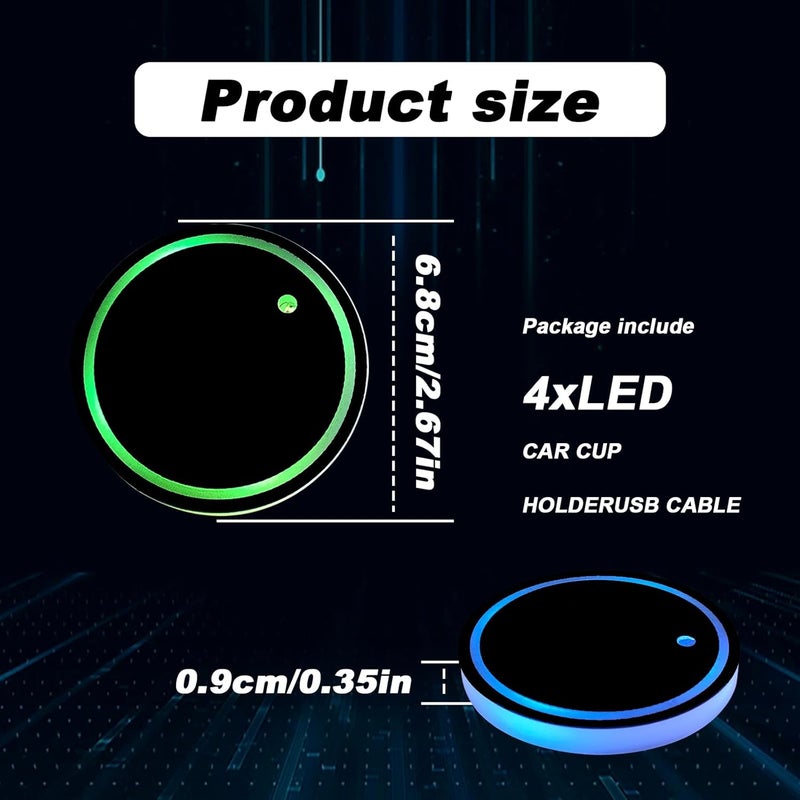 4 قطع من حوامل أكوارات سيارة بمصابيح LED، حامل أكواء ماء ومقاوم للماء مع حاشية شحن USB متغيرة اللون إلى 7 ألوان، زخارف مصابيح جوالة داخلية LED مع 2 كبلات USB لملحقات السيارات والشاحنات والمركبات - Image 3