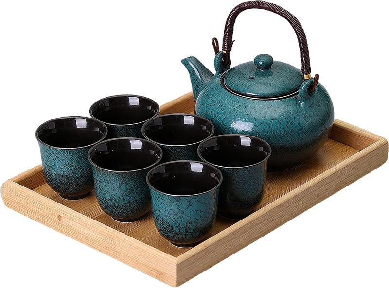 KEYDUACU Japanese Tea Set, Ceramic Tea Set, Plum Blossom Embossed, Teapot, 6 Teacups, Tea Tray, Strainer, Home, Outdoor, Gift, Chinese Kung Fu Tea Set (Pine Green) - Image 1