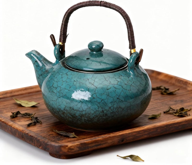 KEYDUACU Japanese Tea Set, Ceramic Tea Set, Plum Blossom Embossed, Teapot, 6 Teacups, Tea Tray, Strainer, Home, Outdoor, Gift, Chinese Kung Fu Tea Set (Pine Green) - Image 4