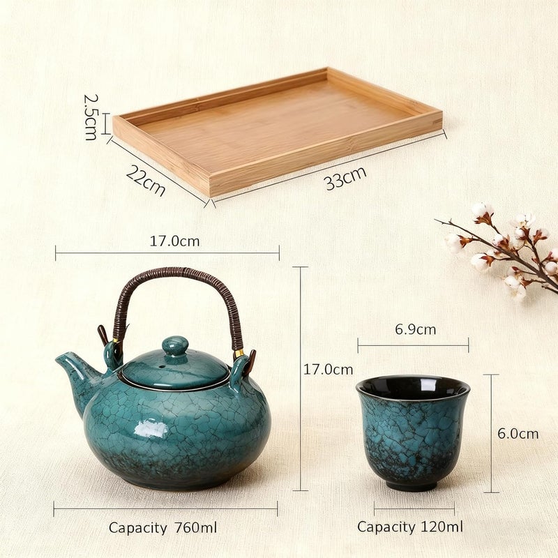 KEYDUACU Japanese Tea Set, Ceramic Tea Set, Plum Blossom Embossed, Teapot, 6 Teacups, Tea Tray, Strainer, Home, Outdoor, Gift, Chinese Kung Fu Tea Set (Pine Green) - Image 3