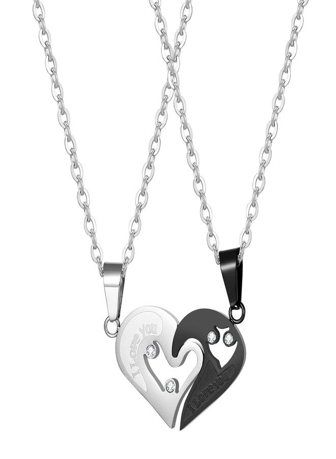 Cupimatch 2-Piece Stainless Steel Couple Necklace Rhinestone I Love You Heart Puzzle Matching Pendant for Couples with Love Chain for Valentine's Day - Image 3