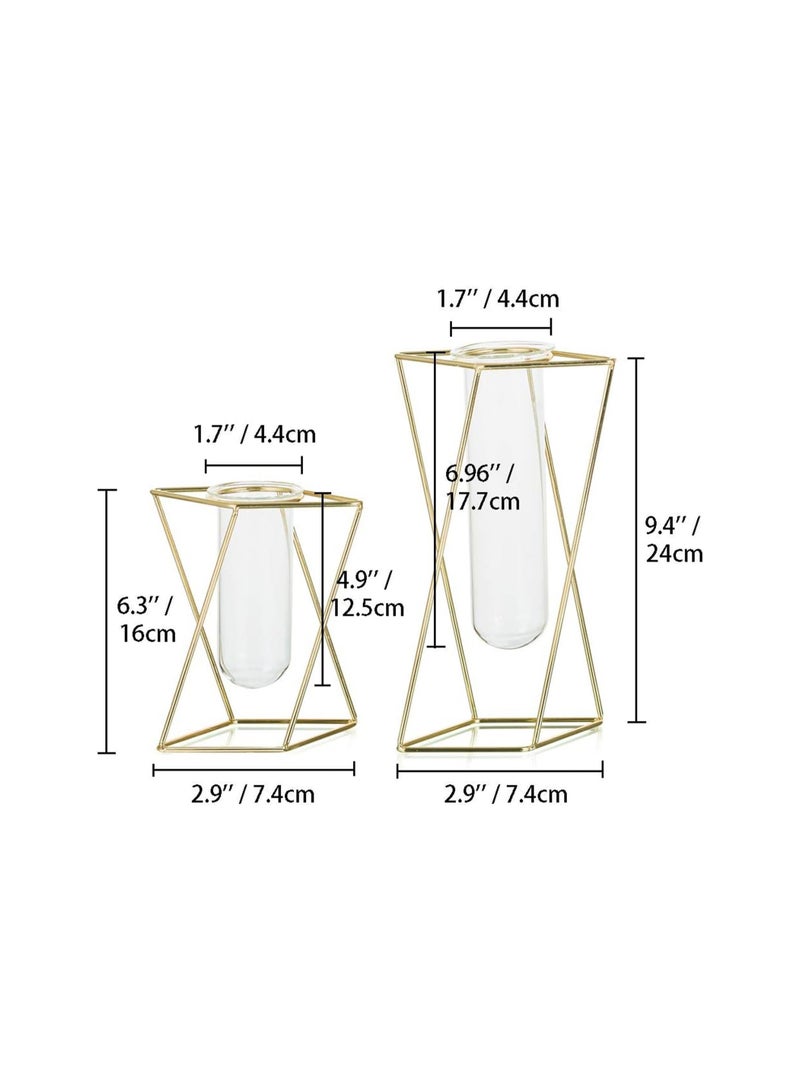 Zikra طقم 2 قطعة من مزهرية أسطوانية شفافة حديثة بإطار ذهبي صغيرة + كبيرة مع حامل معدني هندسي كقطعة مركزية للمنزل والمكتب وحفلات الزفاف - Image 5