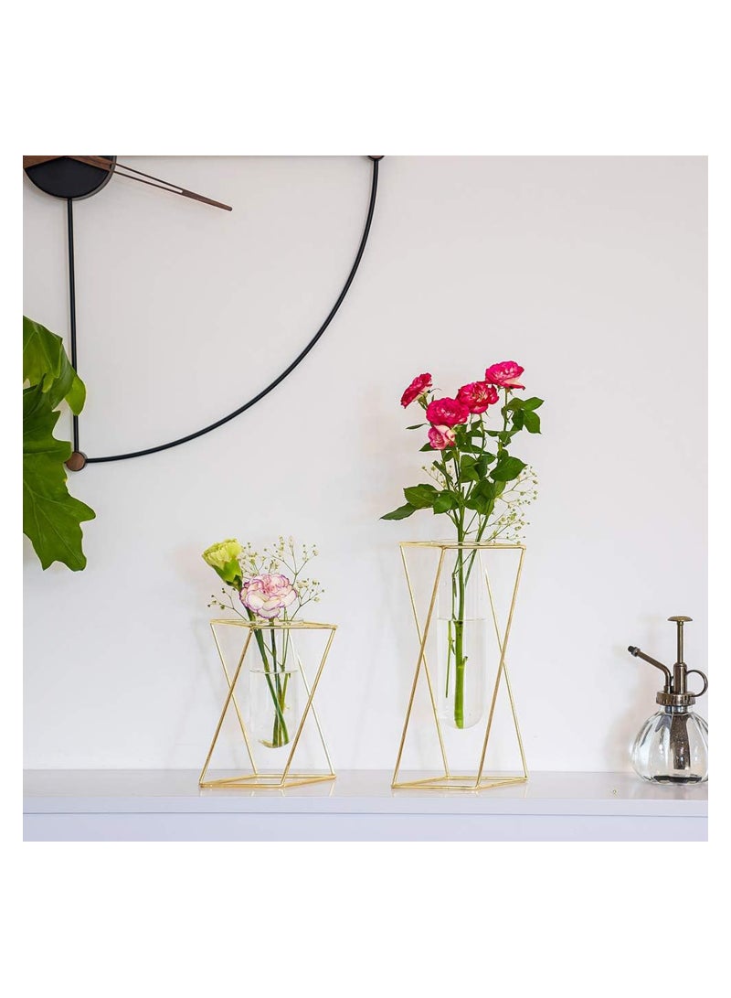 Zikra طقم 2 قطعة من مزهرية أسطوانية شفافة حديثة بإطار ذهبي صغيرة + كبيرة مع حامل معدني هندسي كقطعة مركزية للمنزل والمكتب وحفلات الزفاف - Image 2