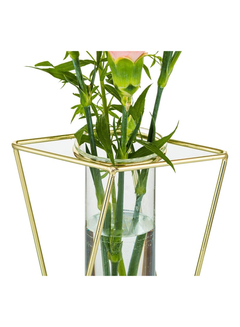 Zikra طقم 2 قطعة من مزهرية أسطوانية شفافة حديثة بإطار ذهبي صغيرة + كبيرة مع حامل معدني هندسي كقطعة مركزية للمنزل والمكتب وحفلات الزفاف - Image 4