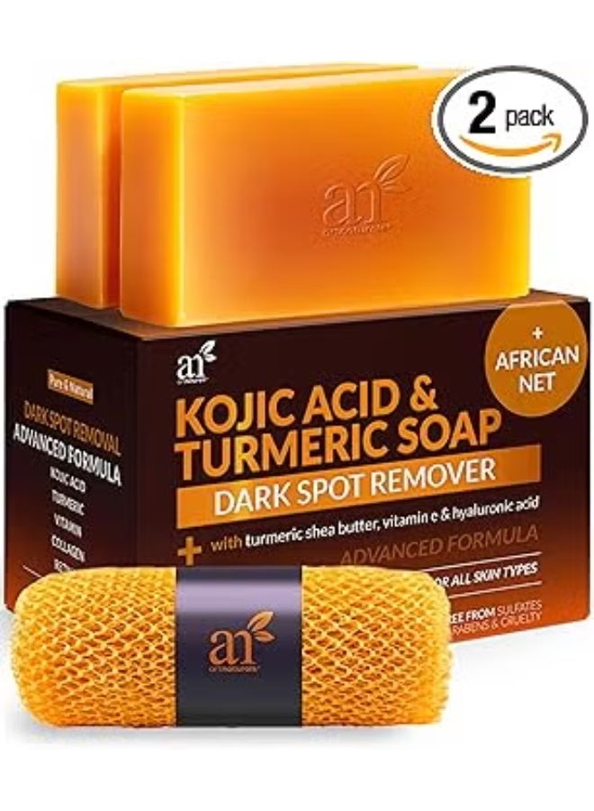 Artnaturals Kojic Acid Soap + African Net Sponge (2 pack X 142g Turmeric bars) Dark spot remover & Scars - Original Japanese Complex Vitamin C, Hyaluronic Acid, retinol, shea butter (Citrus)