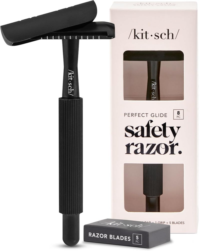 Kitsch Kitsch Double Edge Safety Razors for Women and Men with 5 Blade Refills Extra Long Handle  Silicone Cap Reusable Single Blade Razor for Shaving and Travel Essentials  Black 