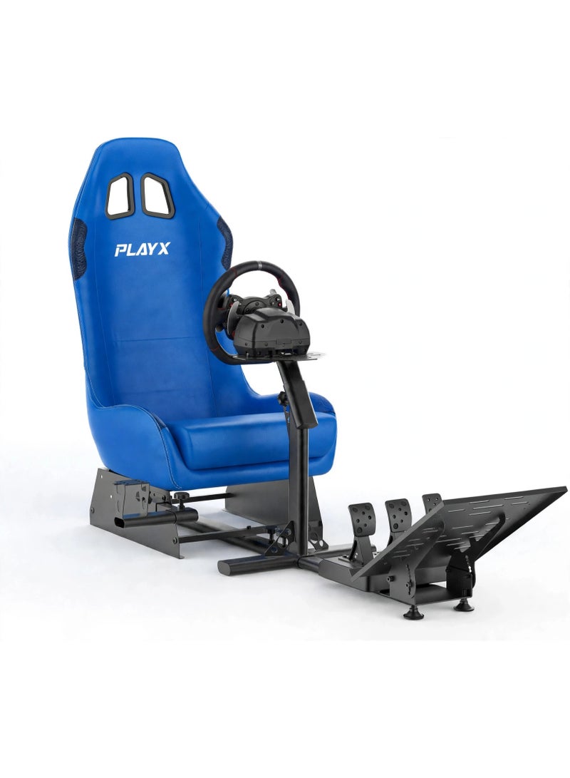 PlayX Ultimate Foldable Racing Simulator Cockpit with Bucket Seat & Steering Wheel Stand for Logitech G923 G29 G920 G27 G25 Thrustmaster T248 T300 Fanatec DD1 DD2 | Heavy Duty Racing Wheel Stand with Gaming Chair, Pedal & Shifter Mount for PS4 PS5 Xbox One PC | 330LBS Steel Frame Racing Chair Cockpit with Adjustable Wheel & Pedal Position, Foldable Backrest for Easy Storage - Image 1