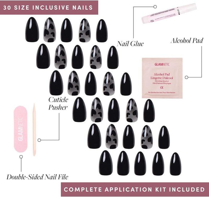 Glamnetic Wet anti slip Press On Nails - Love Me Not | Short Almond Nails with Black Heart Accents, Reusable Stick On Fake Nails with Glue | Love In Bloom Valentine’s Nails | 15 Sizes - 30 Nail Kit with Glue Budget friendly trendy design - Image 4
