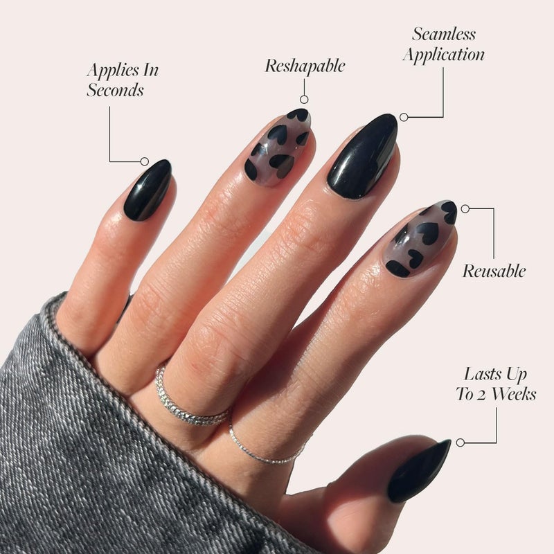 Glamnetic Wet anti slip Press On Nails - Love Me Not | Short Almond Nails with Black Heart Accents, Reusable Stick On Fake Nails with Glue | Love In Bloom Valentine’s Nails | 15 Sizes - 30 Nail Kit with Glue Budget friendly trendy design - Image 3