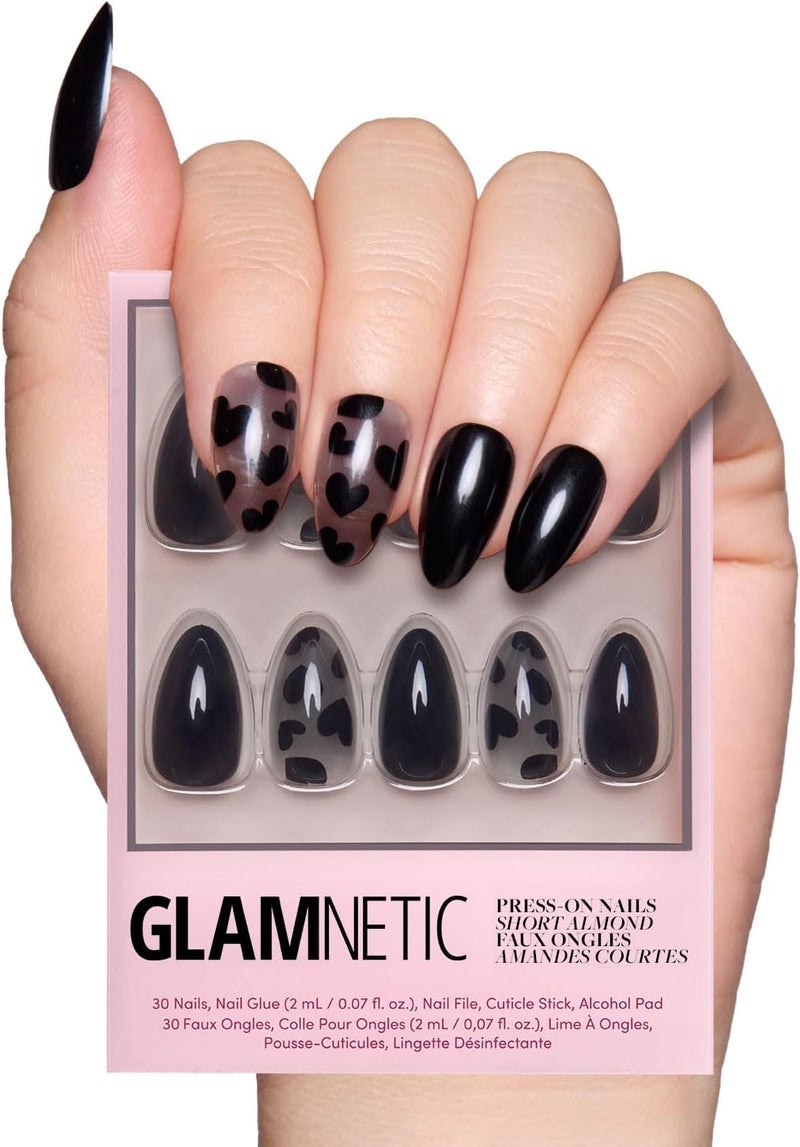 Glamnetic Wet anti slip Press On Nails - Love Me Not | Short Almond Nails with Black Heart Accents, Reusable Stick On Fake Nails with Glue | Love In Bloom Valentine’s Nails | 15 Sizes - 30 Nail Kit with Glue Budget friendly trendy design - Image 1