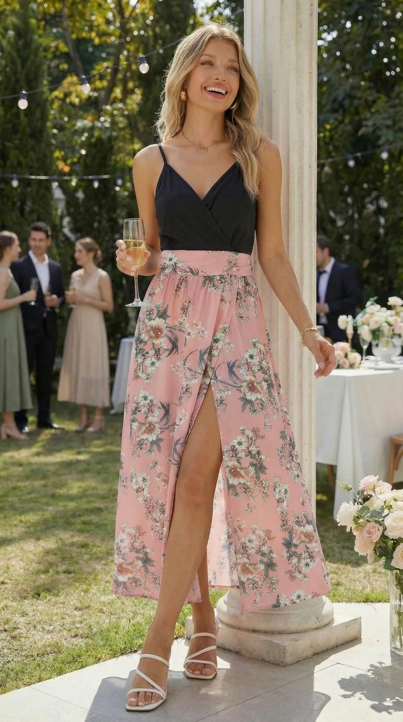 Newshows Women's 2026 Summer Maxi Dress Spaghetti Strap Spring Casual Boho V Neck Split Beach Long Flowy Wedding Guest Dresses Semi Formal Trendy(Pink White Floral,M) - Image 5
