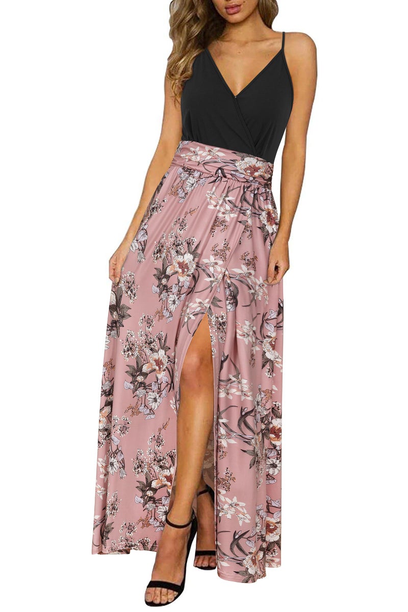 Newshows Women's 2026 Summer Maxi Dress Spaghetti Strap Spring Casual Boho V Neck Split Beach Long Flowy Wedding Guest Dresses Semi Formal Trendy(Pink White Floral,M) - Image 1