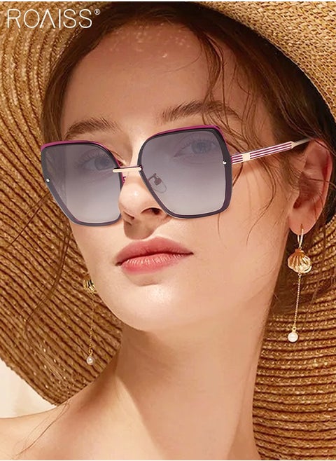 Women's Oversized Square Polarized Sunglasses UV400 Protection Sun Glasses with Purple Metal Frame Fashion Anti-glare Sun Shades for Women with Glasses Case 63mm