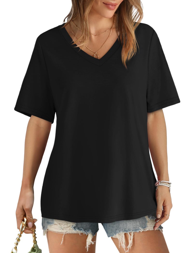 Aokosor Womens Summer Tops Loose Fit Casual V Neck T Shirts Short Sleeve Tshirts Plus Size Blouses Black XXL - Image 2