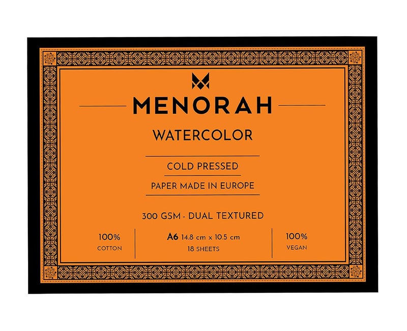 MENORAH – A6 – 100% Cotton Watercolor Sketchbook – 300 GSM- Water Color Paper Loose Sheets (10.5 cm x 14.8 cm)- (18 Sheets / 36 Pages)- Watercolour Artist Sketchbook- Glued End Pad - Image 1
