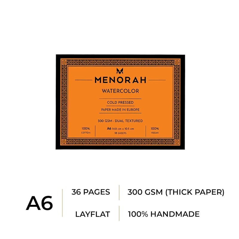 MENORAH – A6 – 100% Cotton Watercolor Sketchbook – 300 GSM- Water Color Paper Loose Sheets (10.5 cm x 14.8 cm)- (18 Sheets / 36 Pages)- Watercolour Artist Sketchbook- Glued End Pad - Image 3