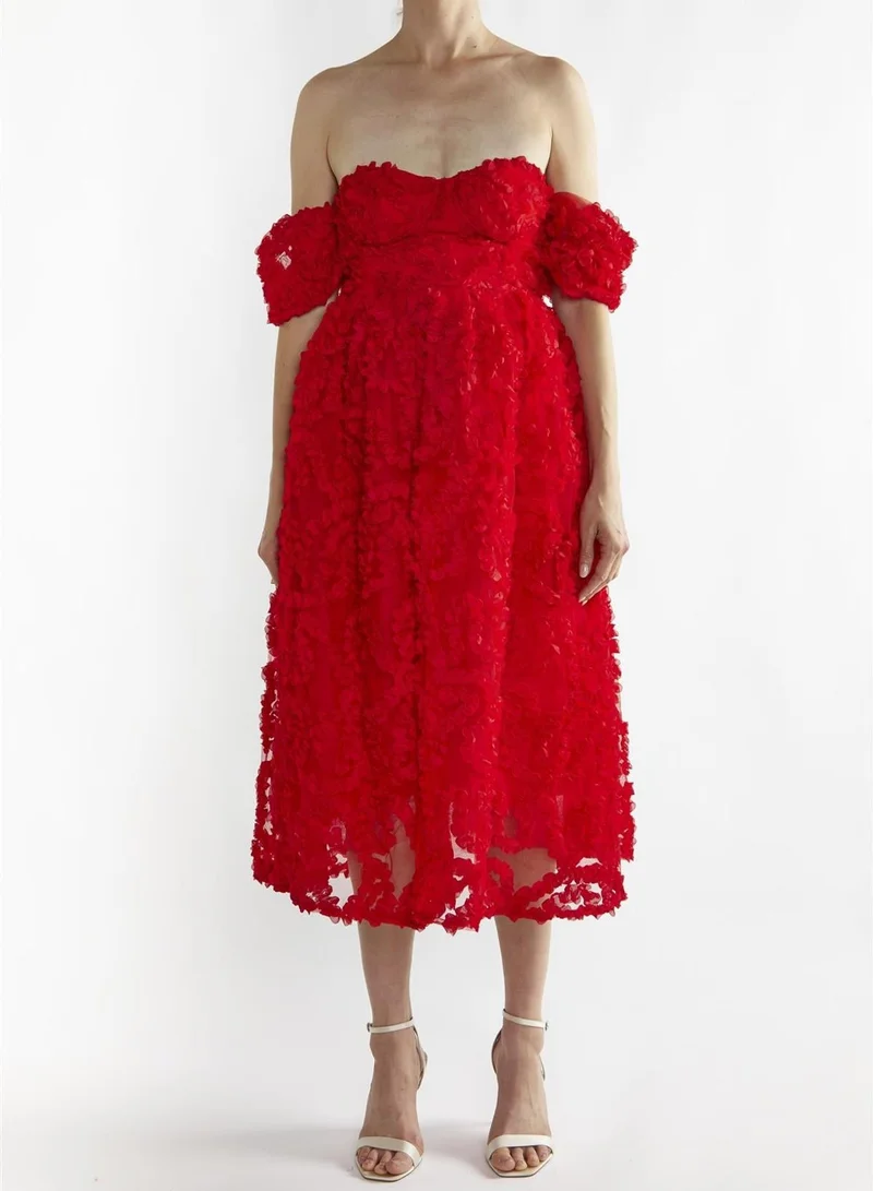 Amelia Red Bardot Bust Cup Midi Dress