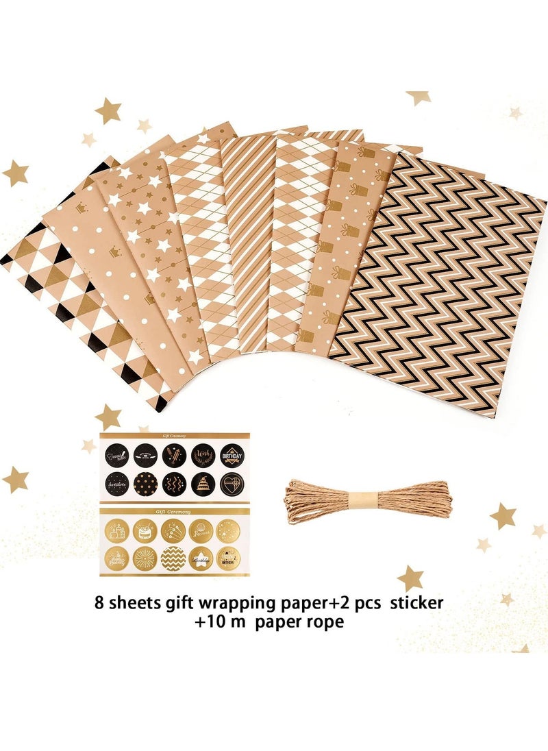 KASTWAVE - Gift Wrapping Paper, Happy Birthday Wrapping Paper, 8 Sheets Brown Wrapping Paper with Stickers Paper Rope, Kraft Wrapping Paper for Birthday Graduation All Occasion for Men Women Boys Girls, 50X70CM - Image 1
