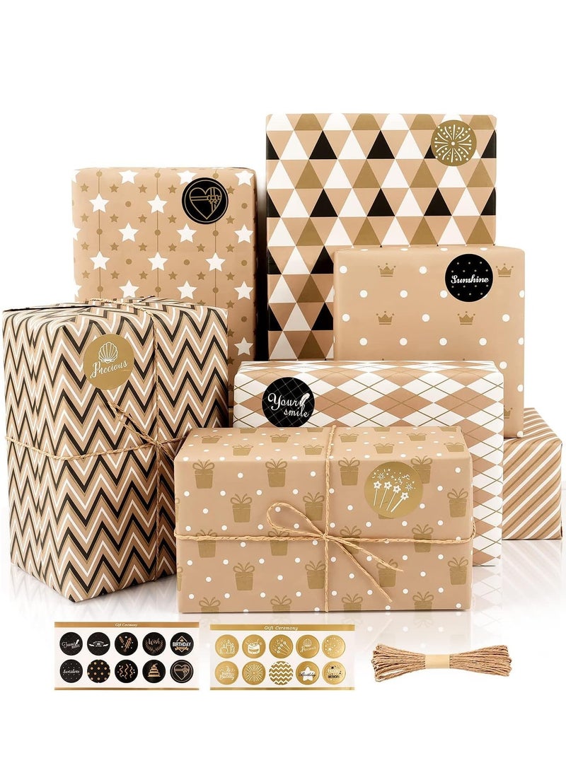 KASTWAVE - Gift Wrapping Paper, Happy Birthday Wrapping Paper, 8 Sheets Brown Wrapping Paper with Stickers Paper Rope, Kraft Wrapping Paper for Birthday Graduation All Occasion for Men Women Boys Girls, 50X70CM - Image 1