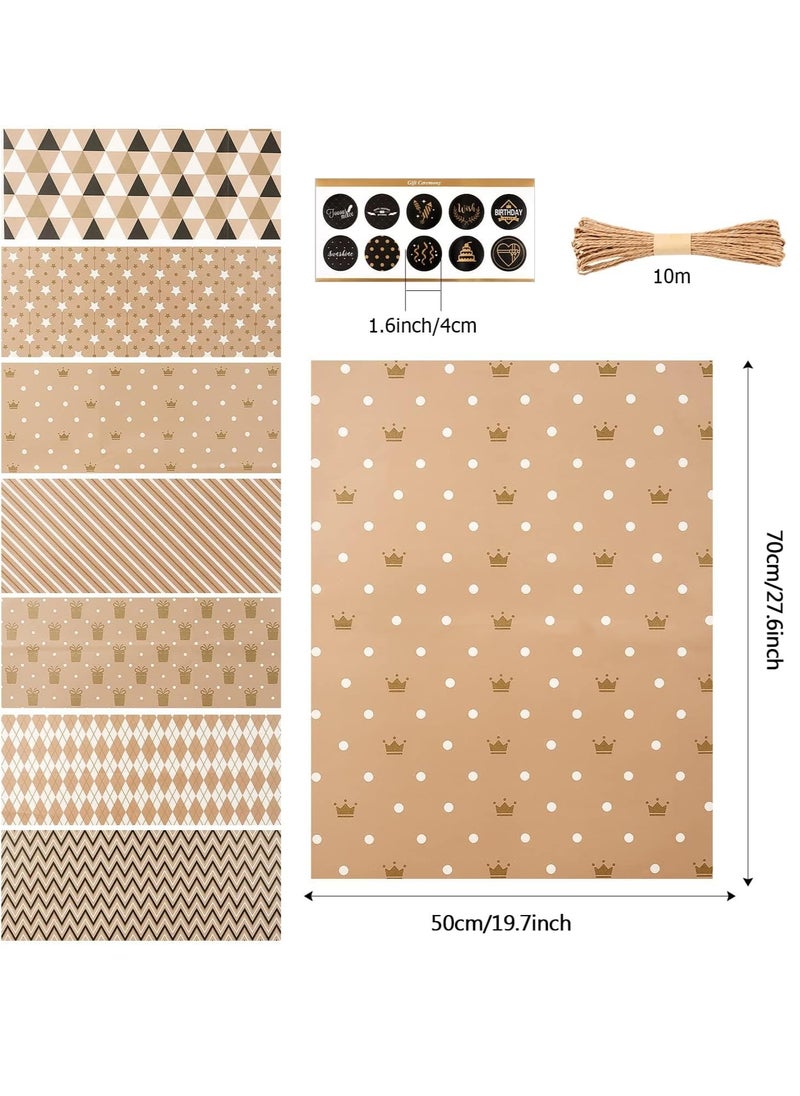 KASTWAVE - Gift Wrapping Paper, Happy Birthday Wrapping Paper, 8 Sheets Brown Wrapping Paper with Stickers Paper Rope, Kraft Wrapping Paper for Birthday Graduation All Occasion for Men Women Boys Girls, 50X70CM - Image 1