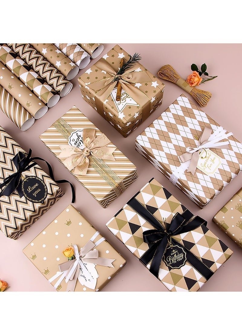 KASTWAVE - Gift Wrapping Paper, Happy Birthday Wrapping Paper, 8 Sheets Brown Wrapping Paper with Stickers Paper Rope, Kraft Wrapping Paper for Birthday Graduation All Occasion for Men Women Boys Girls, 50X70CM - Image 1