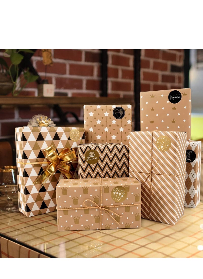 KASTWAVE - Gift Wrapping Paper, Happy Birthday Wrapping Paper, 8 Sheets Brown Wrapping Paper with Stickers Paper Rope, Kraft Wrapping Paper for Birthday Graduation All Occasion for Men Women Boys Girls, 50X70CM - Image 1