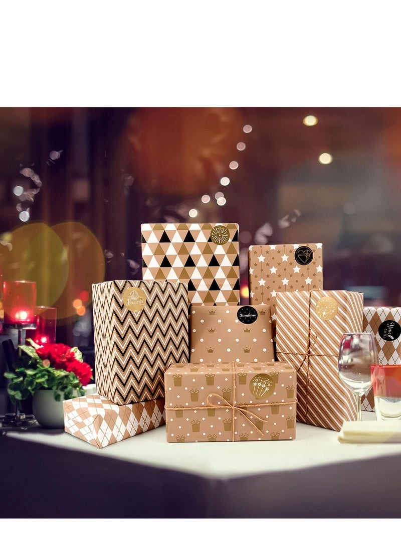 KASTWAVE - Gift Wrapping Paper, Happy Birthday Wrapping Paper, 8 Sheets Brown Wrapping Paper with Stickers Paper Rope, Kraft Wrapping Paper for Birthday Graduation All Occasion for Men Women Boys Girls, 50X70CM - Image 1