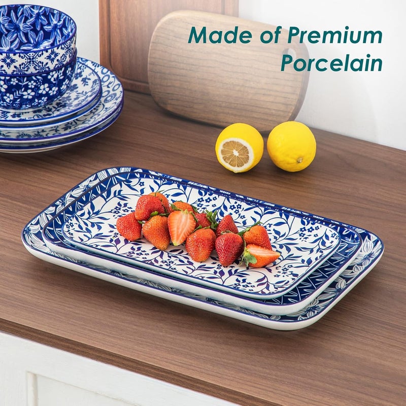 vancasso Serving Platters Set of 3, 16"/14"/12" Inch Rectangular Trays - Serving Platter Extra Large, Ceramic Serving Dish for for Food, Microwave & Dishwasher Safe, Vintage Blue - Image 4