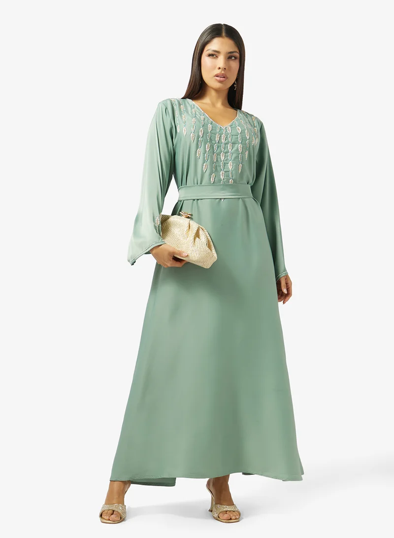 hayas closet  Floral Hand Work At Front Section And Beaded Jalabiya for Women | Best Price UAE