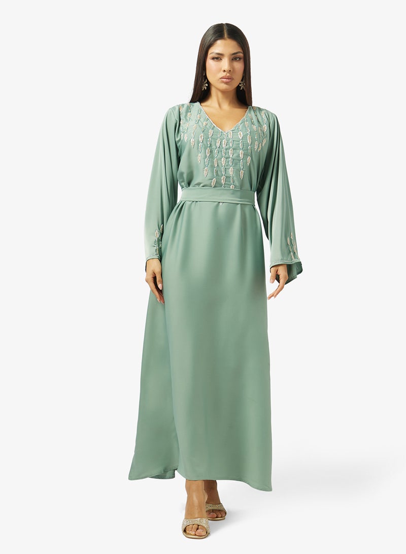 hayas closet Floral Hand Work At Front Section And Beaded Jalabiya - Image 1