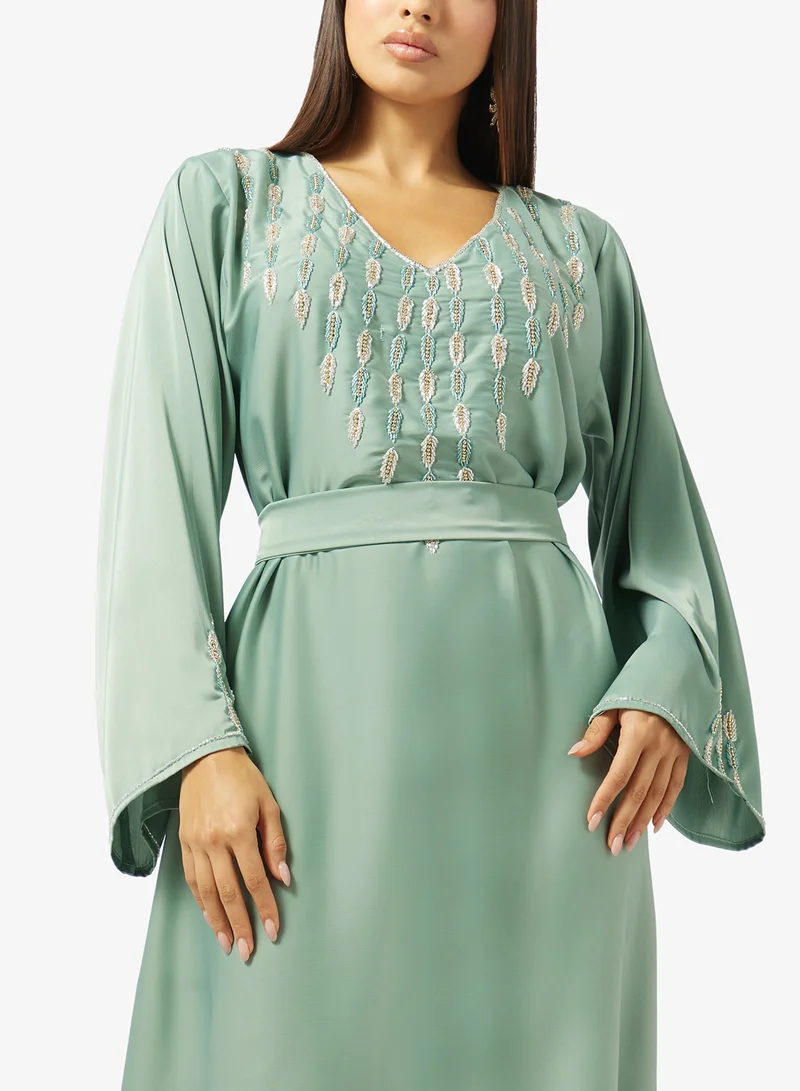 hayas closet  Floral Hand Work At Front Section And Beaded Jalabiya for Women | Best Price UAE