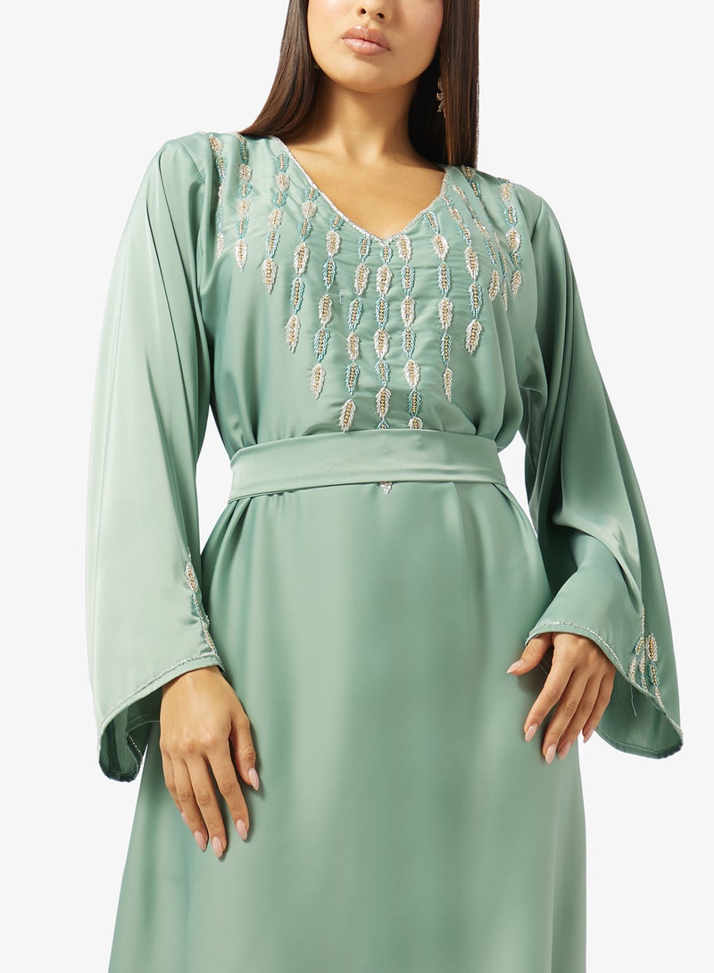 hayas closet Floral Hand Work At Front Section And Beaded Jalabiya - Image 3