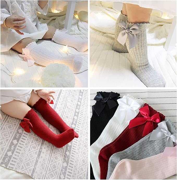 THE DDS STORE Baby Girls Knee High Socks Bow Tube Ruffled Knit Cotton Long Stockings for Infants (IN, Age, 0 Months, 12 Months, 2, Multi-Colors) - Image 3