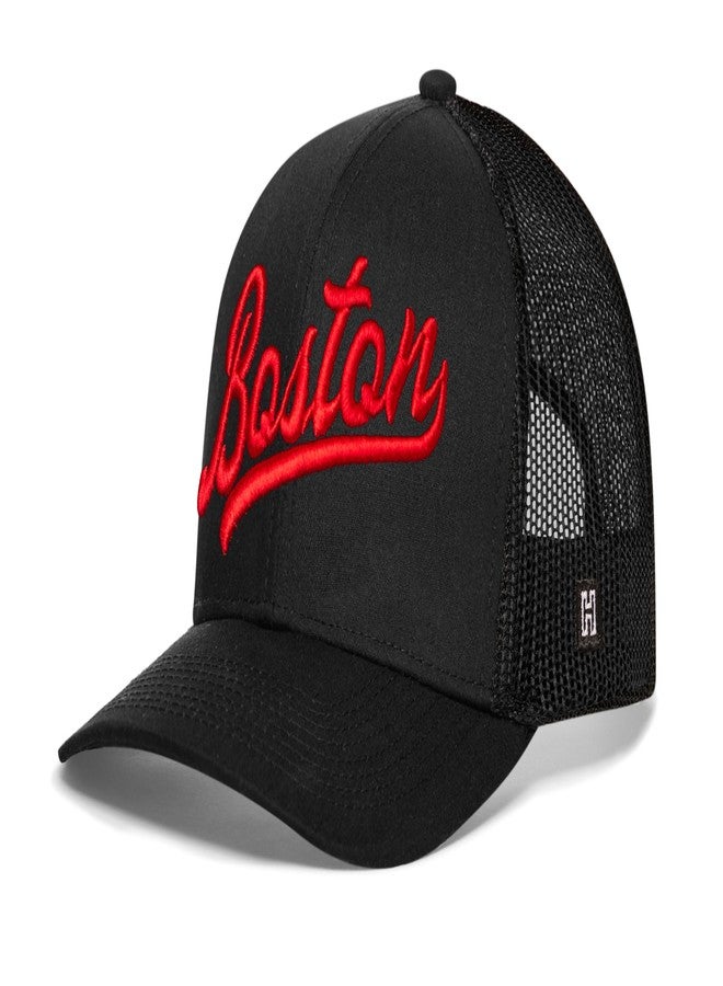 HAKA Boston Black Trucker Hat – Boston Mesh Snapback Cap for Men, Women & Golf, Cityscript Design Baseball Dad Hat - Image 1