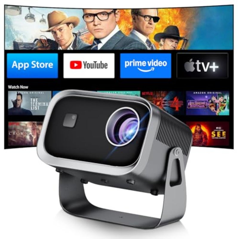 جهاز عرض صغير محمول 4K - جهاز عرض ذكي مع تطبيقات مدمجة، واي فاي 6، BT5.2، سطوع عالي 16000 لومن، تركيز كهربائي/حجر الزاوية، جهاز عرض بشاشة كبيرة 200 بوصة للأفلام المنزلية/الخارجية - Image 1