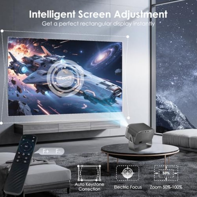 جهاز عرض صغير محمول 4K - جهاز عرض ذكي مع تطبيقات مدمجة، واي فاي 6، BT5.2، سطوع عالي 16000 لومن، تركيز كهربائي/حجر الزاوية، جهاز عرض بشاشة كبيرة 200 بوصة للأفلام المنزلية/الخارجية - Image 4