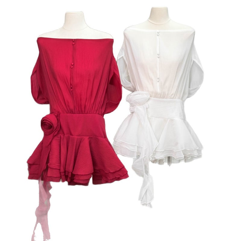 Two-Piece Off-Shoulder Seersucker Shirt Dress and Skirt Shorts Set - Image 1