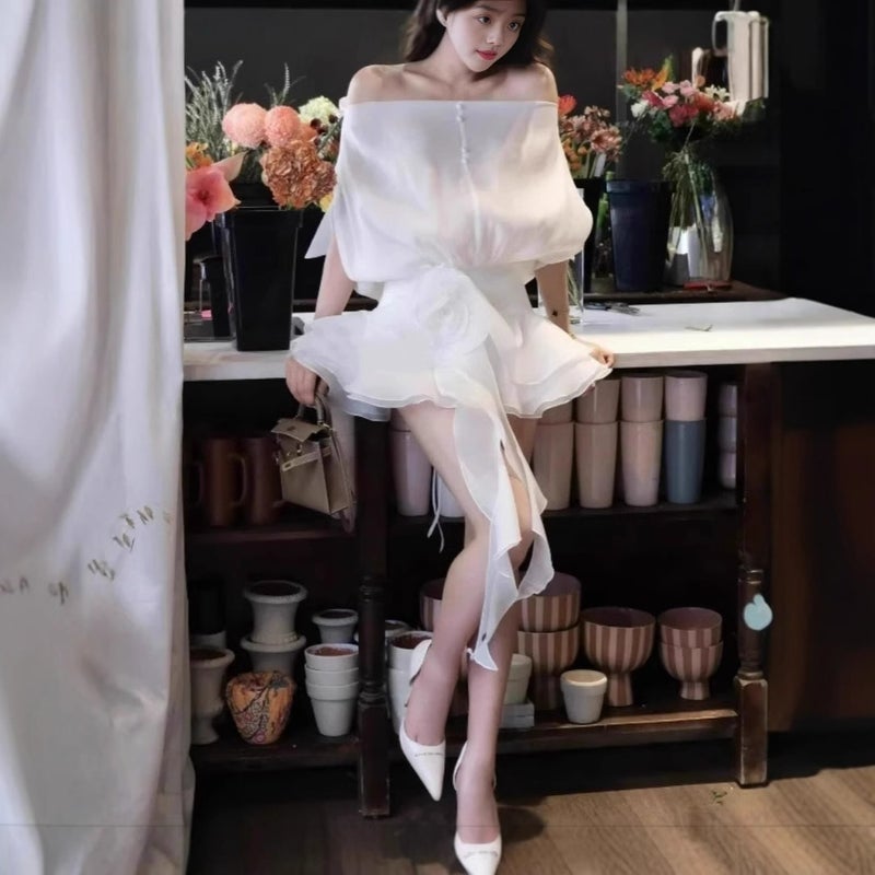 Two-Piece Off-Shoulder Seersucker Shirt Dress and Skirt Shorts Set - Image 3