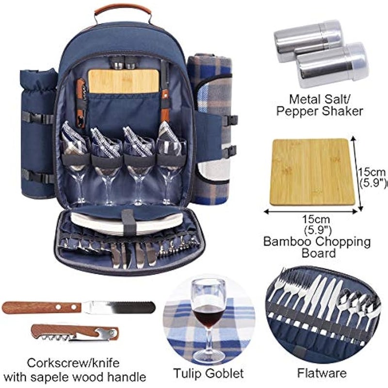 Arabest (Navy Blue) - Picnic Backpack For 4 Person Set With Insulated Waterproof Pouch For Family Outdoor Camping (Navy Blue) - Image 2