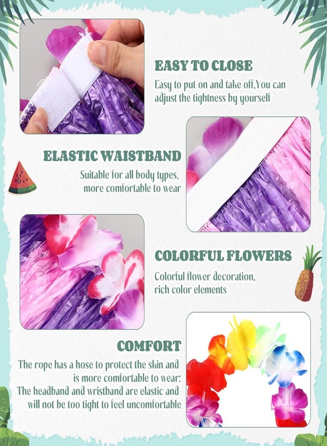 TOODOO Elastic Hawaiian Hula Grass Skirt with Flower Costume Set for Party Beach Dance Fancy Dress, Multicolor, 2 Sets(Cute Color) - Image 3
