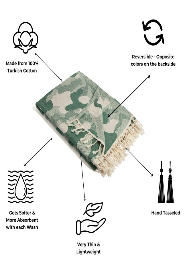 InfuseZen Turkish Bath & Beach Towel - Reversible Camouflage Print - 100% Organic Turkish Cotton - Soft, Lightweight, Absorbent Peshtemal, Quick Dry, Sand Free - Gym, Throw, Travel - Green Camo - Image 2